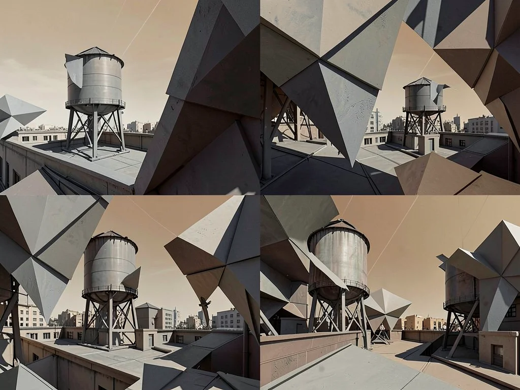 Urban rooftop water towers, fractured into overlapping angular grey and brown pl