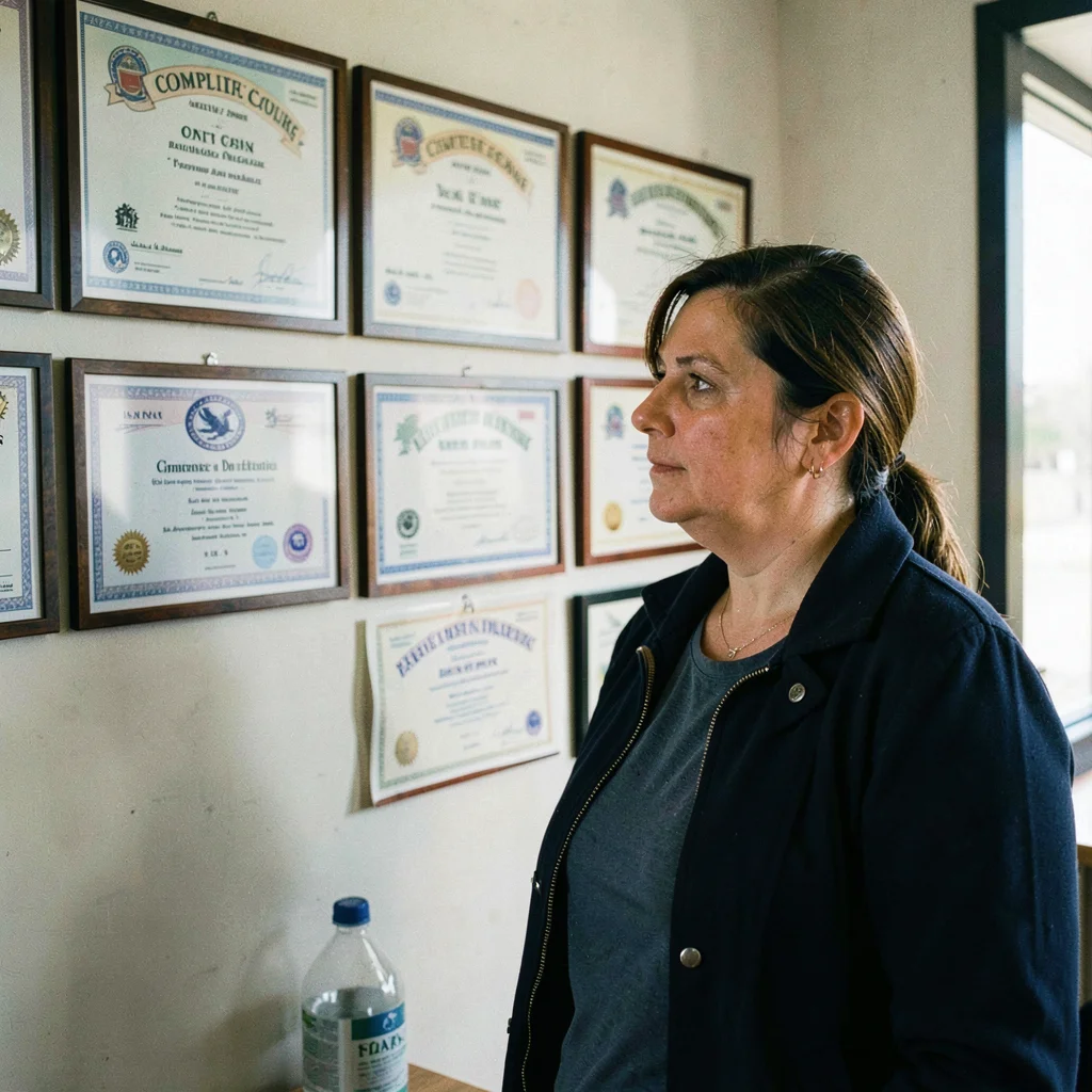 Documentary photography, unposed moment, Completed course certificates displayed