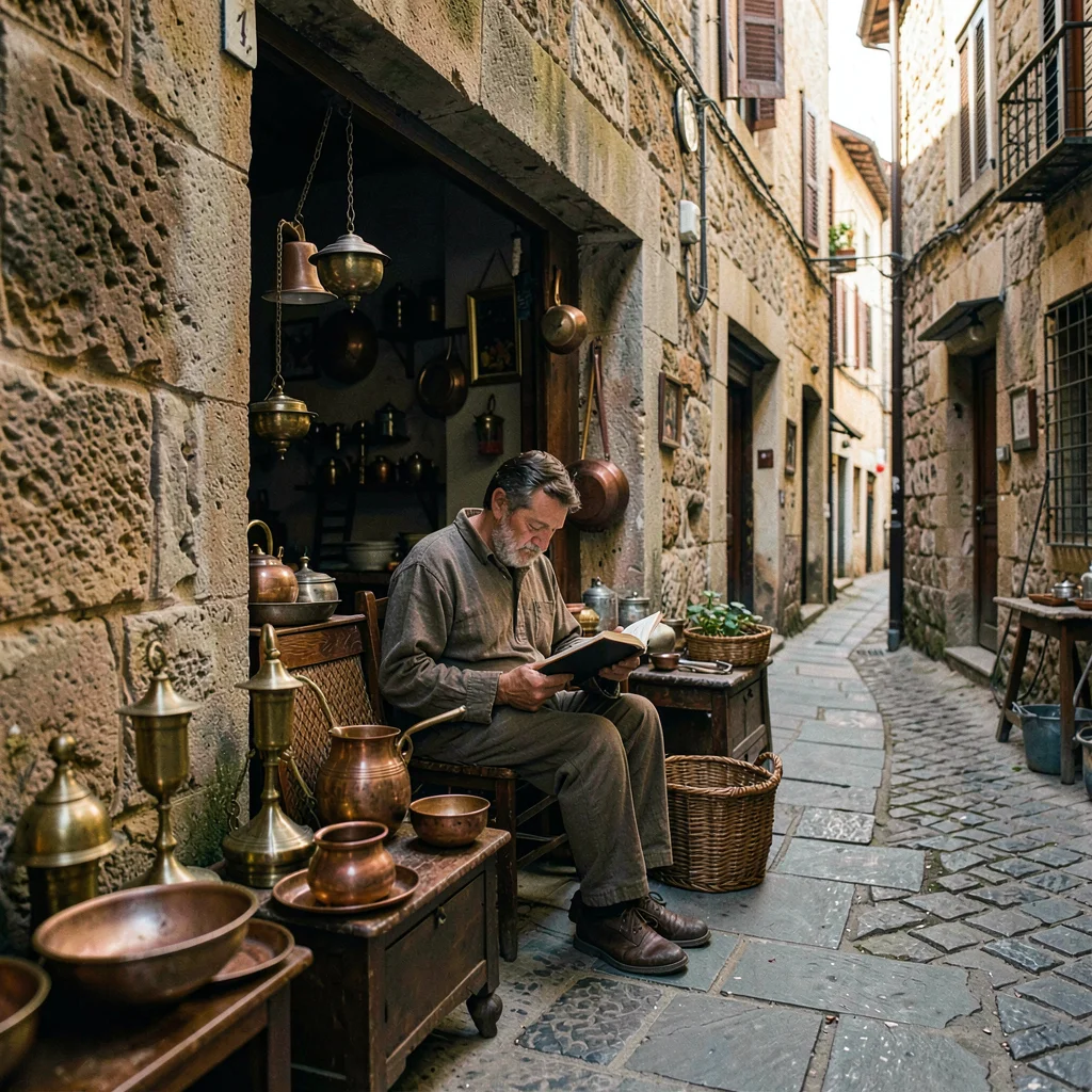 Historic medina photography, labyrinthine old city, A merchant seated in a shop 