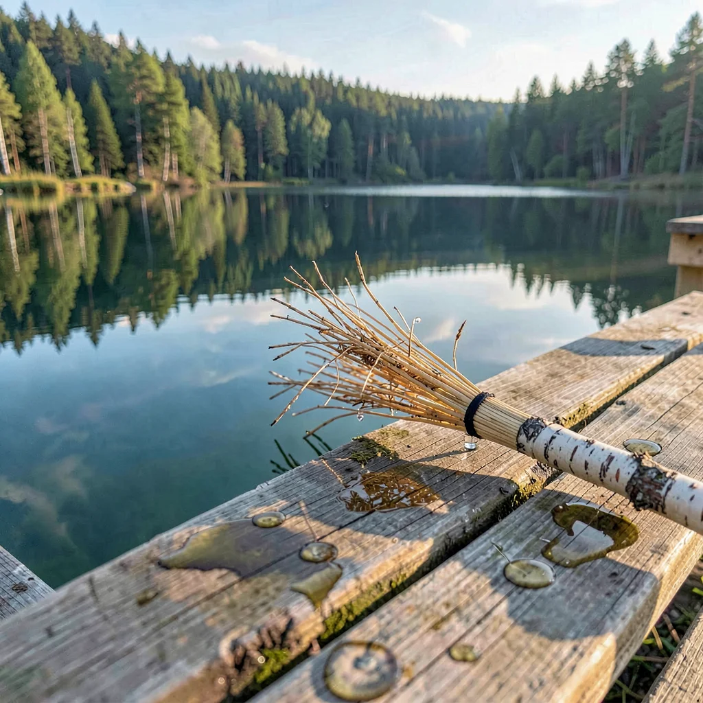Finnish lake mirror, dead-calm reflection, a birch whisk (vihta) resting on saun
