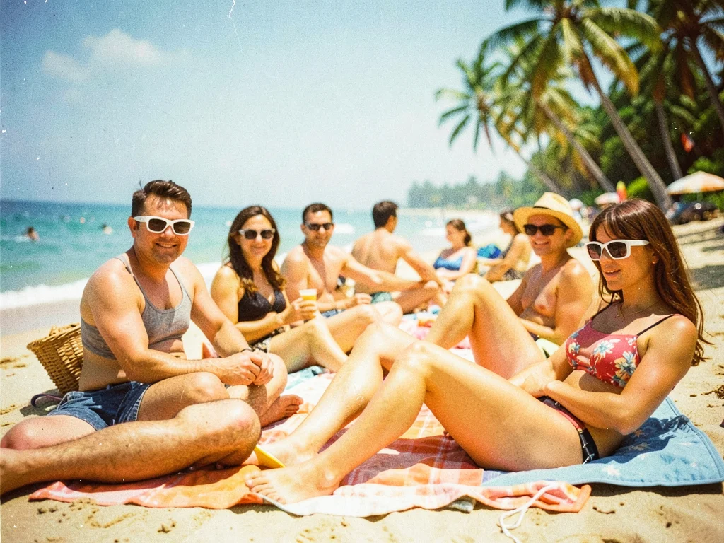 Beach vacation from 1960s, sunbathers with modern sunglasses styles