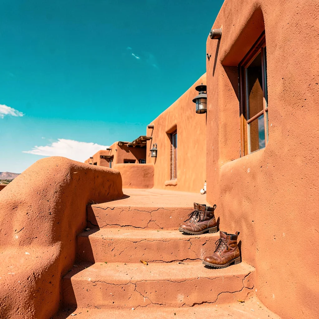 Santa Fe adobe warmth, high desert light clarity, Leather boots drying in direct