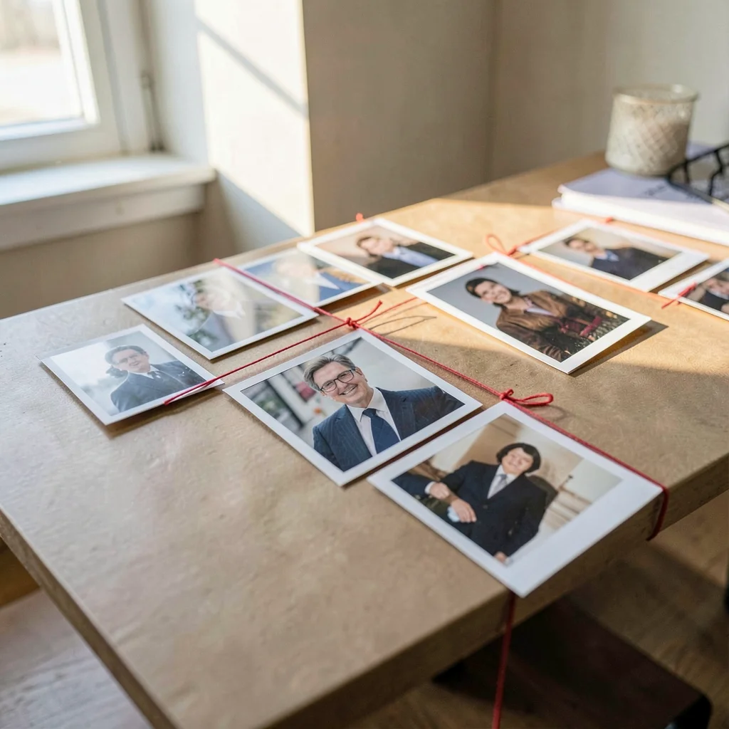 Research board of pinned photographs and index cards connected by red thread, so