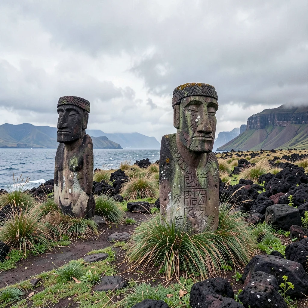 Edge-of-world isolation on Rapa Nui, Petroglyph stones worn by wind and time, gr
