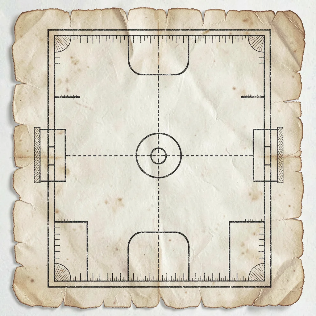 Top-down pitch map illustration as an aged parchment of a rugby pitch with try l