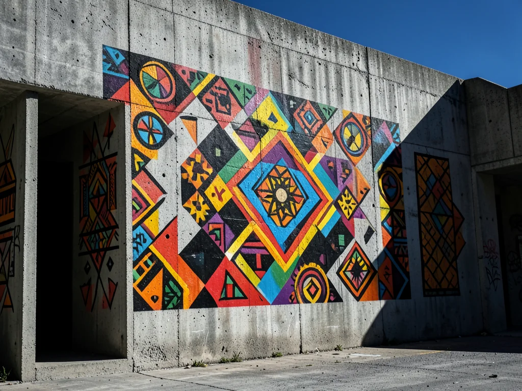 Hand-painted mural on a concrete wall, African geometric motifs, street art styl
