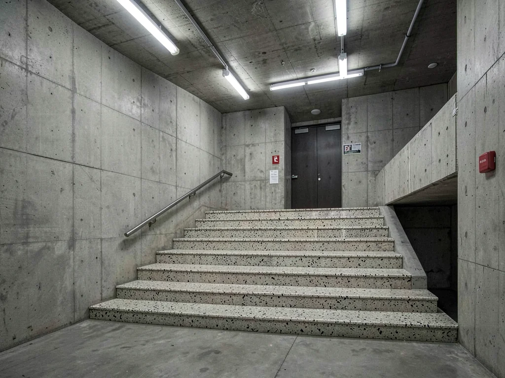A brutalist theater lobby — raw concrete walls, wide terrazzo stair, institution