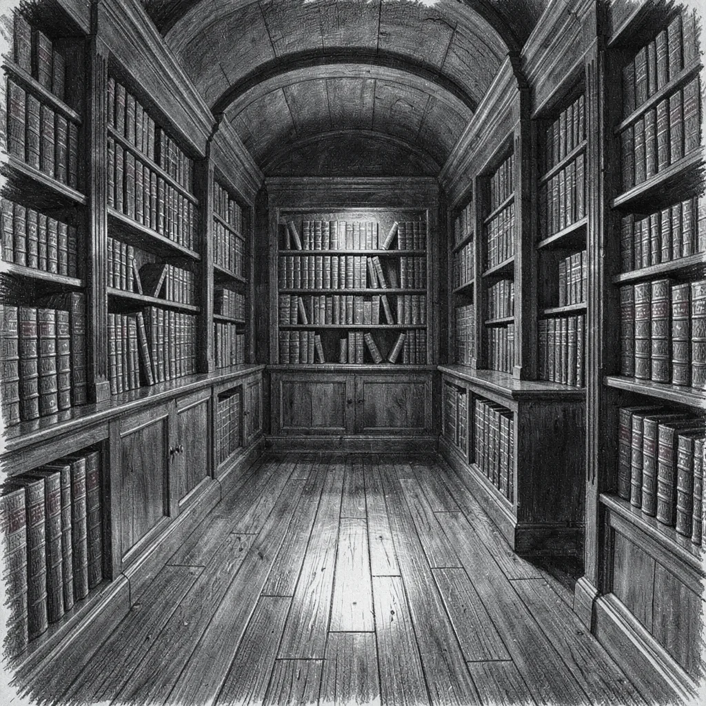 Charcoal drawing of a dim antiquarian shop interior with a bowed wooden floor, l