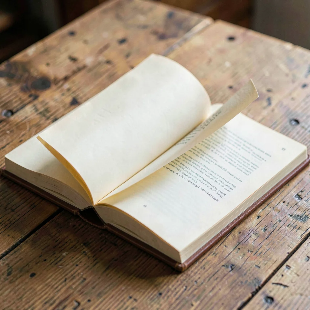 Open chapbook splayed face-down on a wooden table, pages curling slightly
