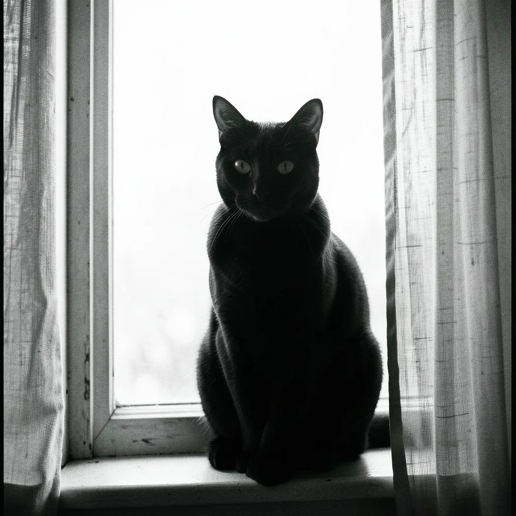 A cat sitting in a window frame, backlit by bright daylight, its silhouette cris