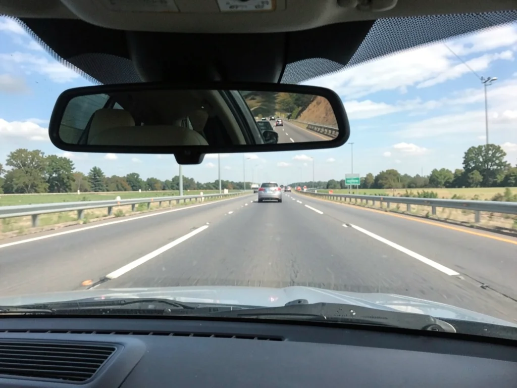 Rearview mirror showing highway behind while windshield shows highway ahead, pas