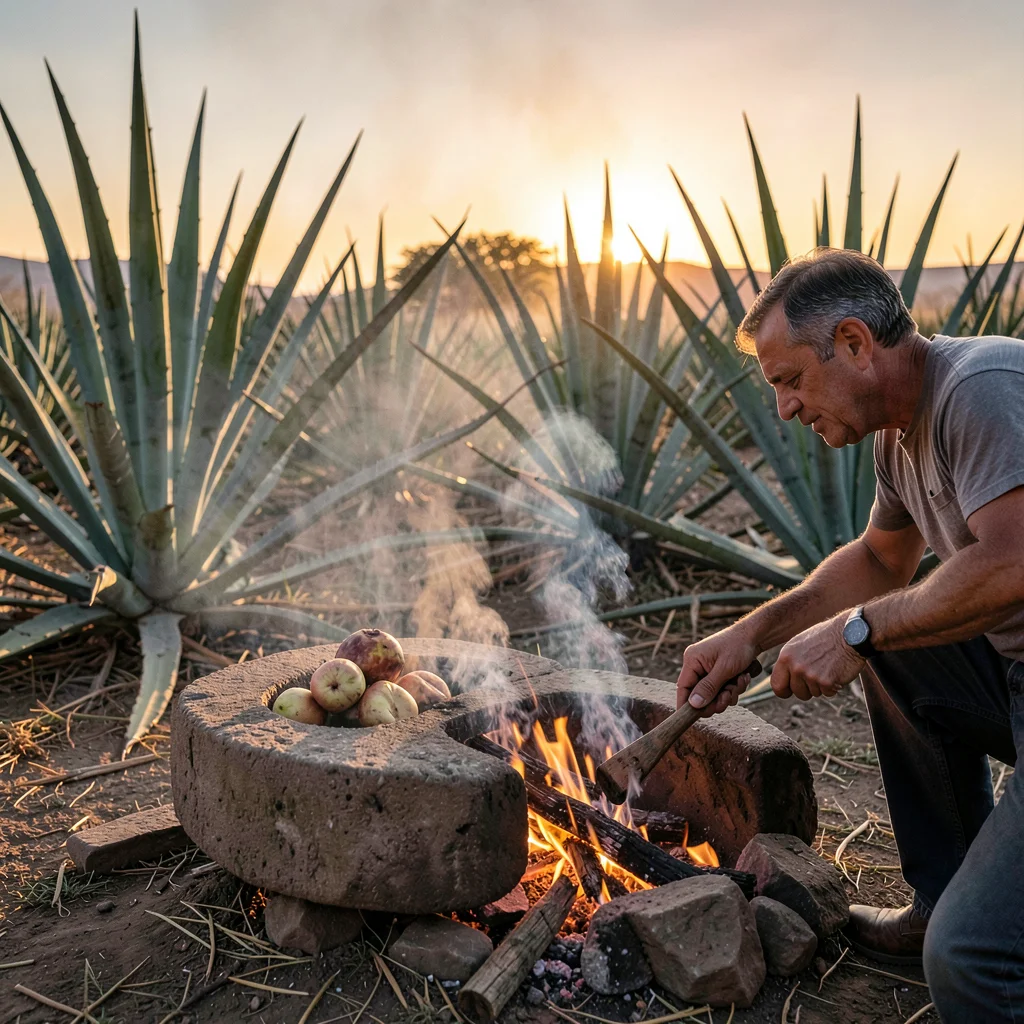 Oaxacan mezcal process, palenque atmosphere, A field of tall agave plants at sun