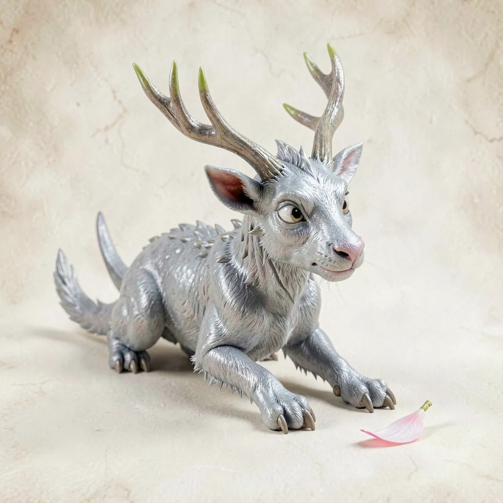 Younger sapling-qilin with budding antler-points and silvery hide, head tilted c
