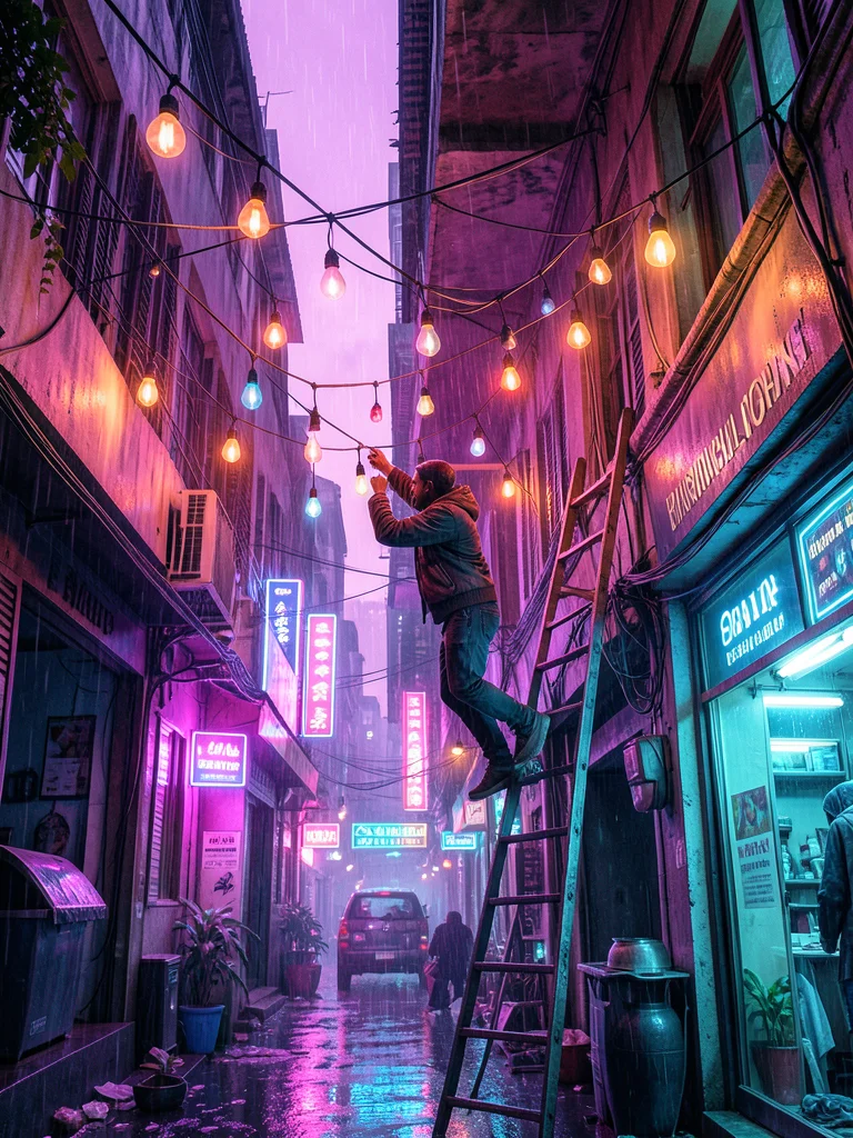 Person hanging lights on eaves, ladder, afternoon, strings of bulbs