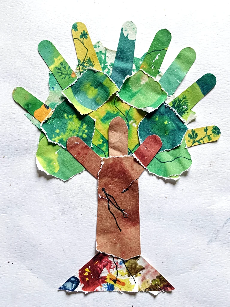 Paper collage tree with handprint leaves