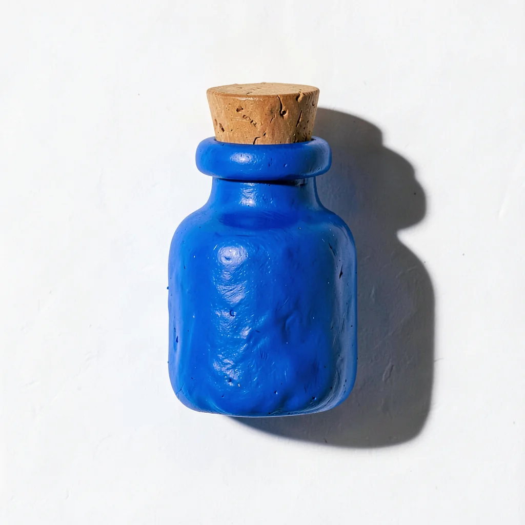 Chunky clay potion bottle in bright cobalt blue with an oversized cork on plain 