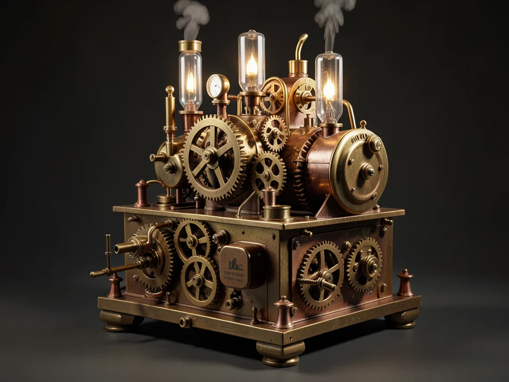 Victorian-era mechanical computer made of brass gears, glass tubes, and steam va