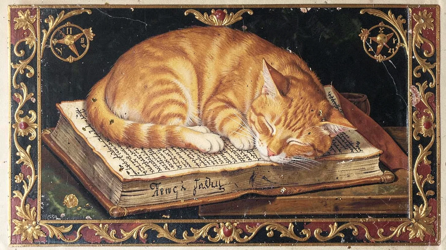Egg tempera illustration, cat sleeping on illuminated manuscript , yolk-bound pi