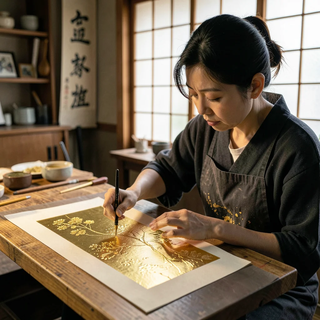 Kanazawa gold leaf craft, extreme delicacy, woman applying gold to silk screen p