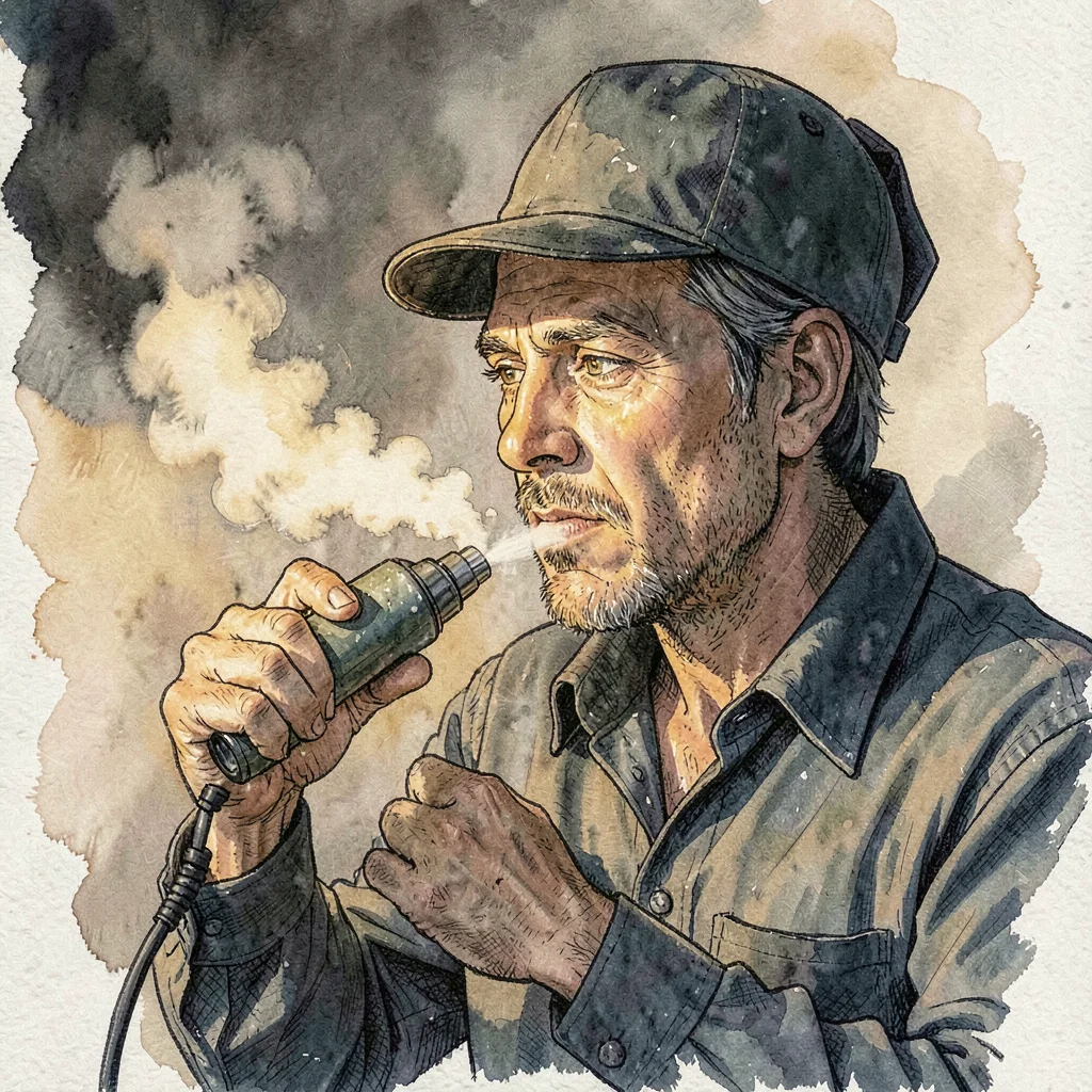 Atmospheric portrait of a repairer puffing dust off a segment with a blower