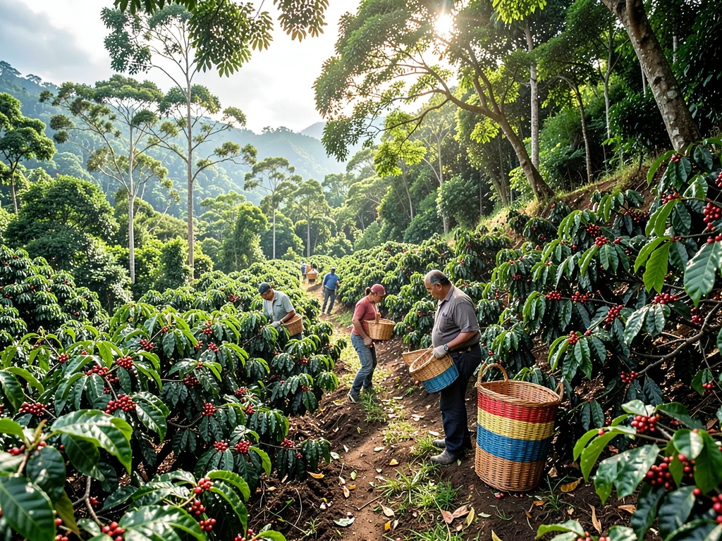 Coffee Harvest Workers Moving Through Colombian Hillside Rows