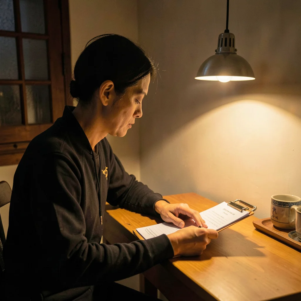 Warm lamp-line portrait of a coxswain at a small desk reviewing a clipboard, sin
