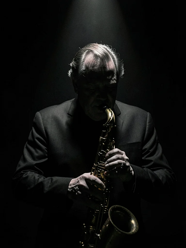 Jazz musician in single spotlight