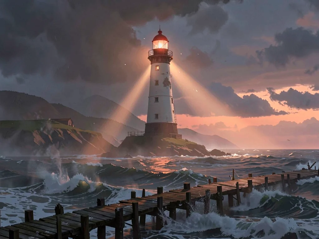 Storm-battered lighthouse beam cutting through sea fog at dusk, warm coral light