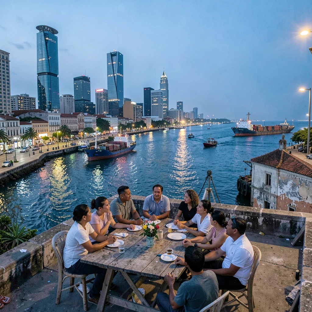 Casco Viejo restoration meeting modern Panama City, The Panama City skyline at b