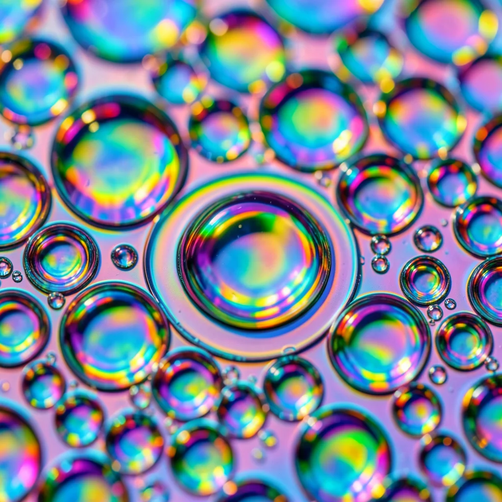 Oil drops on water reflecting rainbow light from below, full spectrum macro