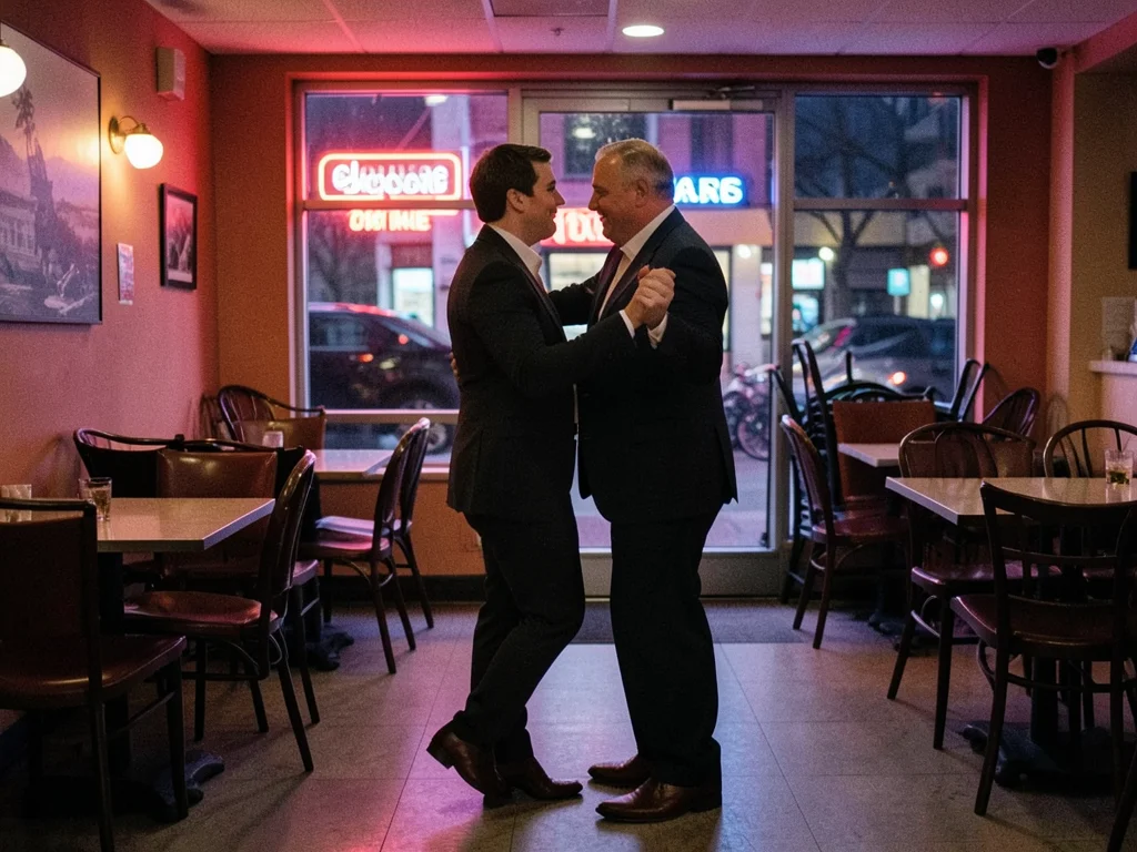 Couple slow dancing in empty restaurant, chairs stacked, neon outside, closing t