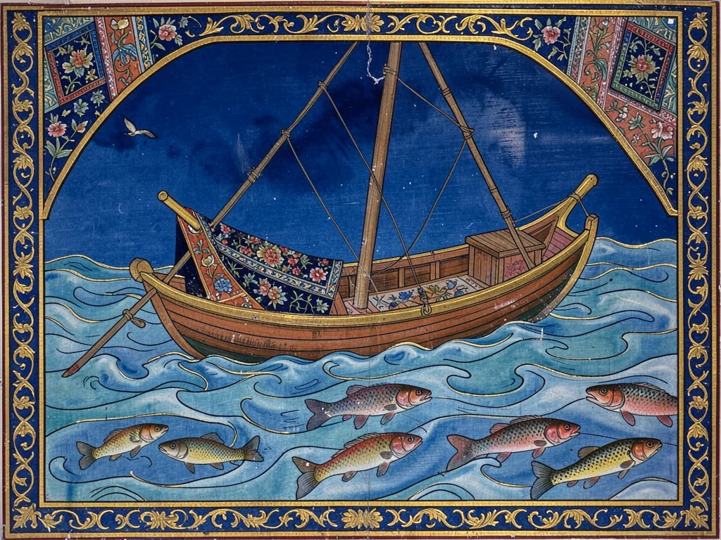 Boat crossing a stylized river, fish visible in the water below