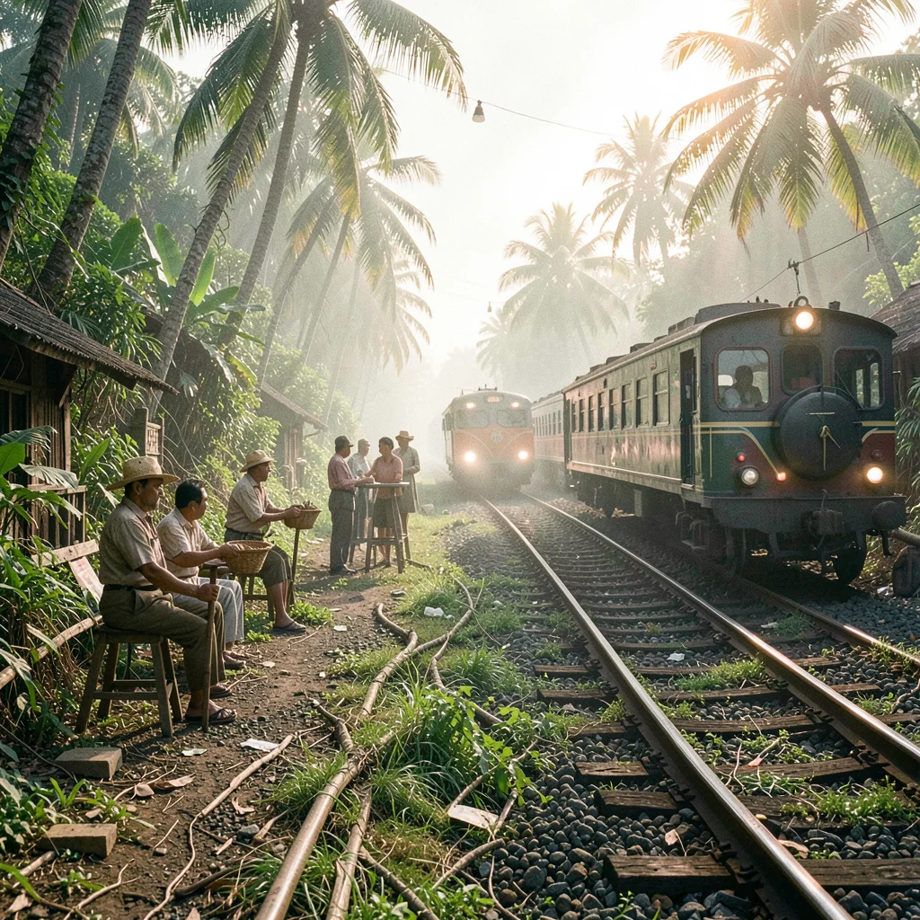 Tropical light on Sri Lankan colonial decay, Fishermen on stilts near the railwa