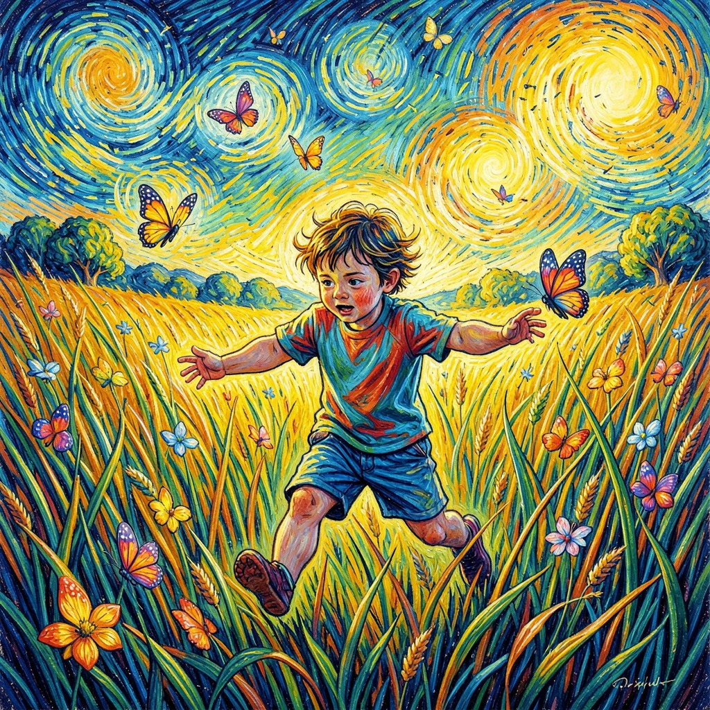 Post-impressionist Provençal intensity, emotional saturated color, A child chasi