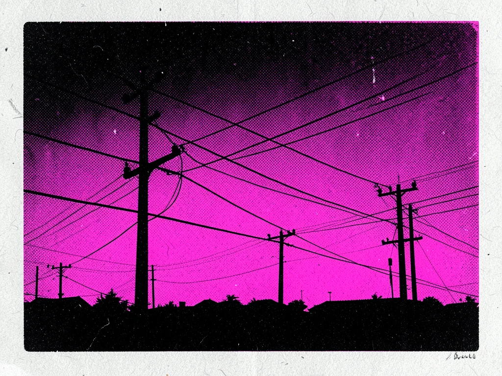 Power lines and utility poles against a sky in black and fluorescent pink