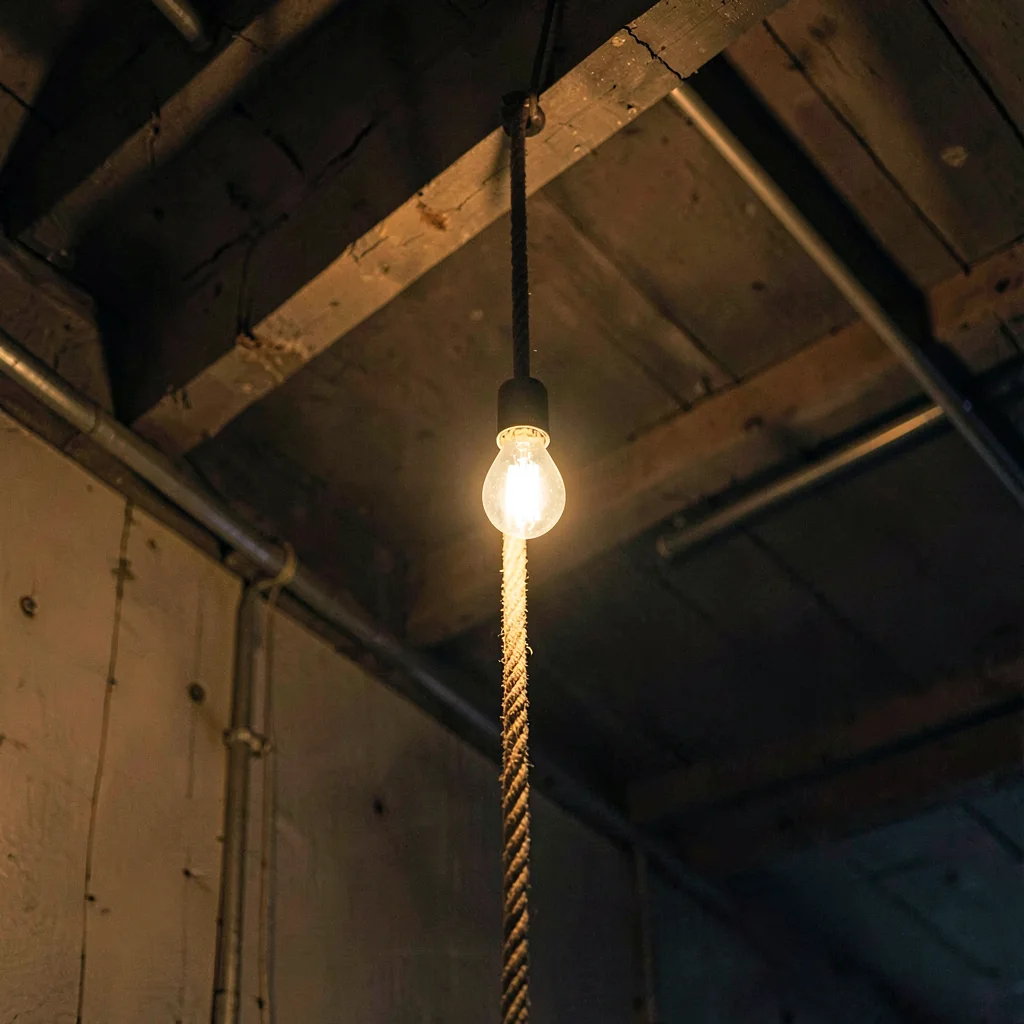 Vertical lamplit portrait of a tall single rope dangling from a high beam, singl
