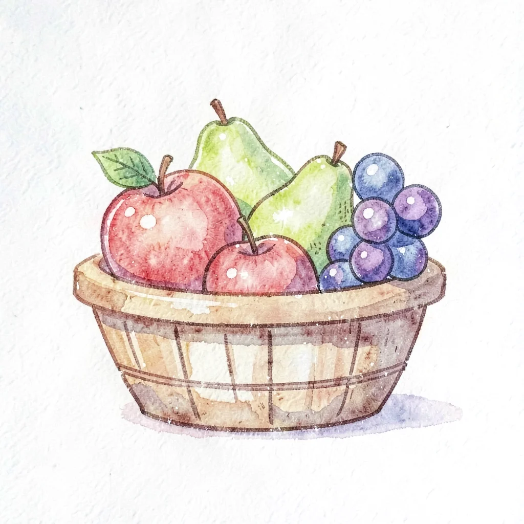Soft kawaii recipe icon of a fruit basket with apples, pears, and grapes