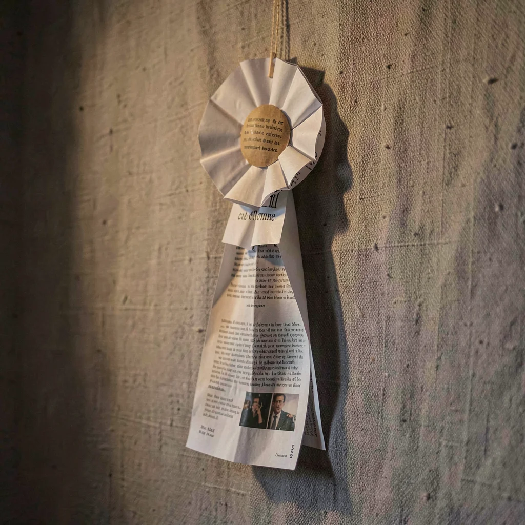 Tall paper rosette of folded magazine pages pinned to a fabric wall, dusk-warm k