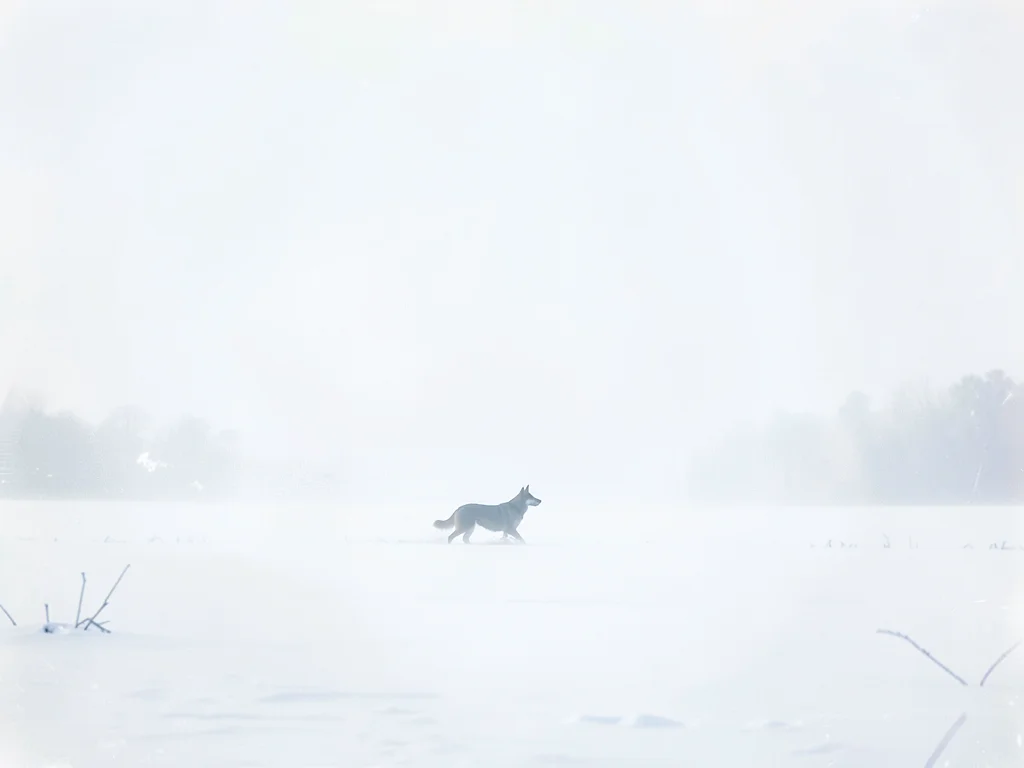 Lone dog silhouette crossing a snow plain, the dog tiny against vast white empti