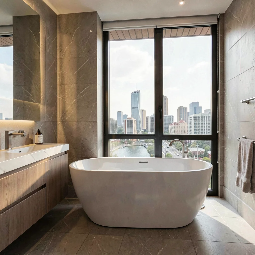 condo bathroom with floor-to-ceiling window and freestanding tub overlooking sky