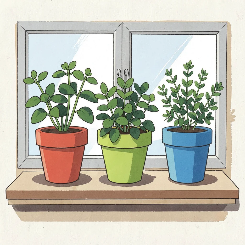 Kitchen windowsill with three herb pots, each pot a different vivid flat color