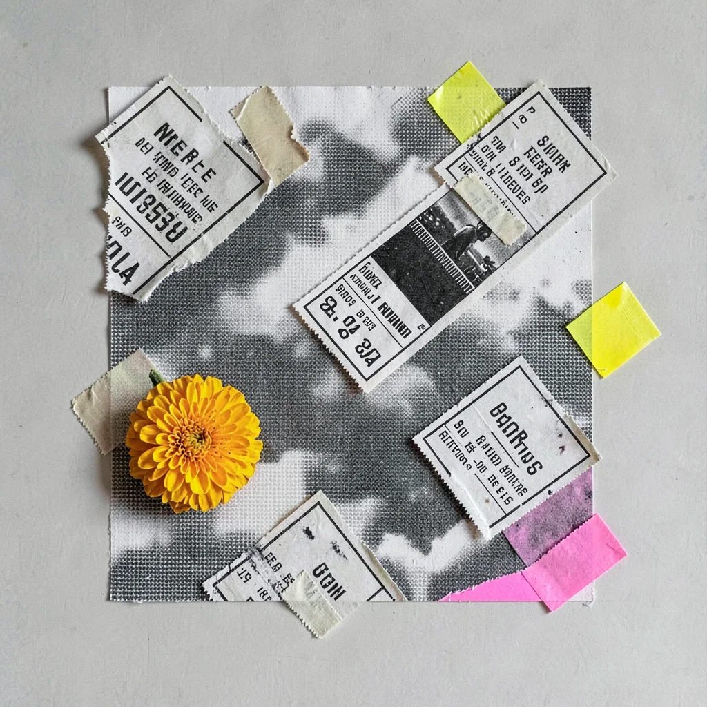 Torn-paper collage of overlapping concert ticket shapes drifting across a halfto