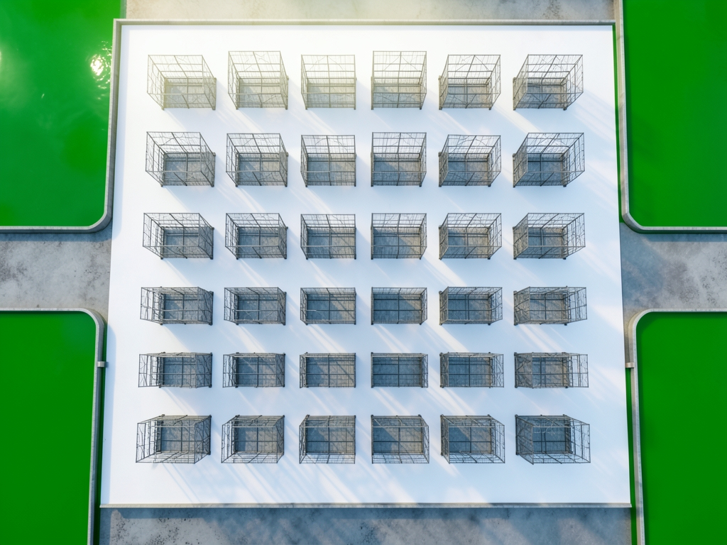 A breathtaking surreal landscape, dreamlike atmosphere,. top-down warehouse floor plan, 5x5 grid of gray racks, white ai