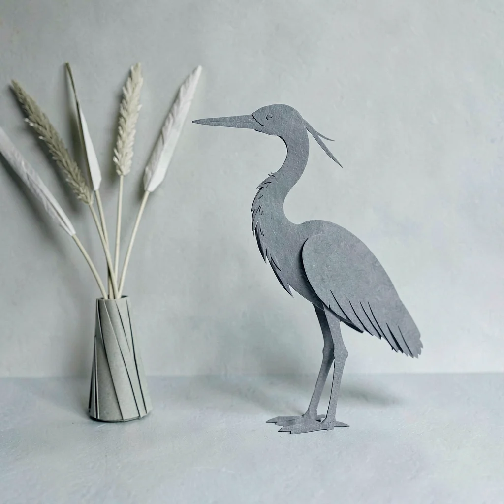 Papercraft motif of a paper-cut heron silhouette beside folded paper reeds, calm