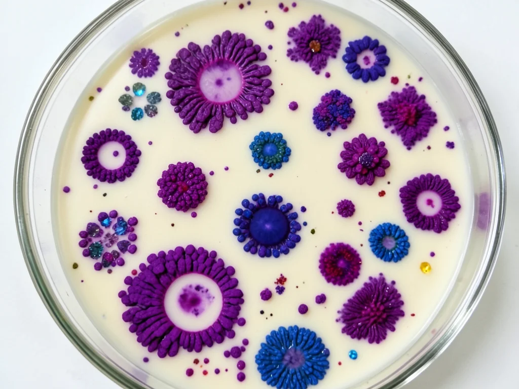 Chromobacterium violaceum in deep purple colonies dotted across cream-colored ag