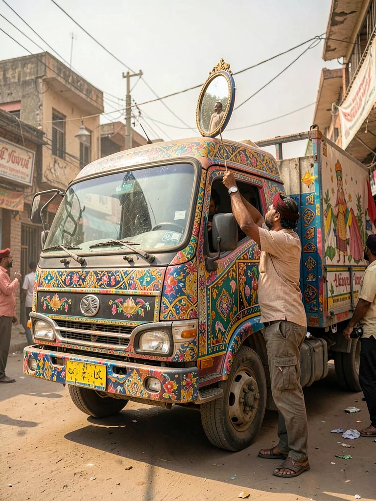 Truck driver decorating vehicle