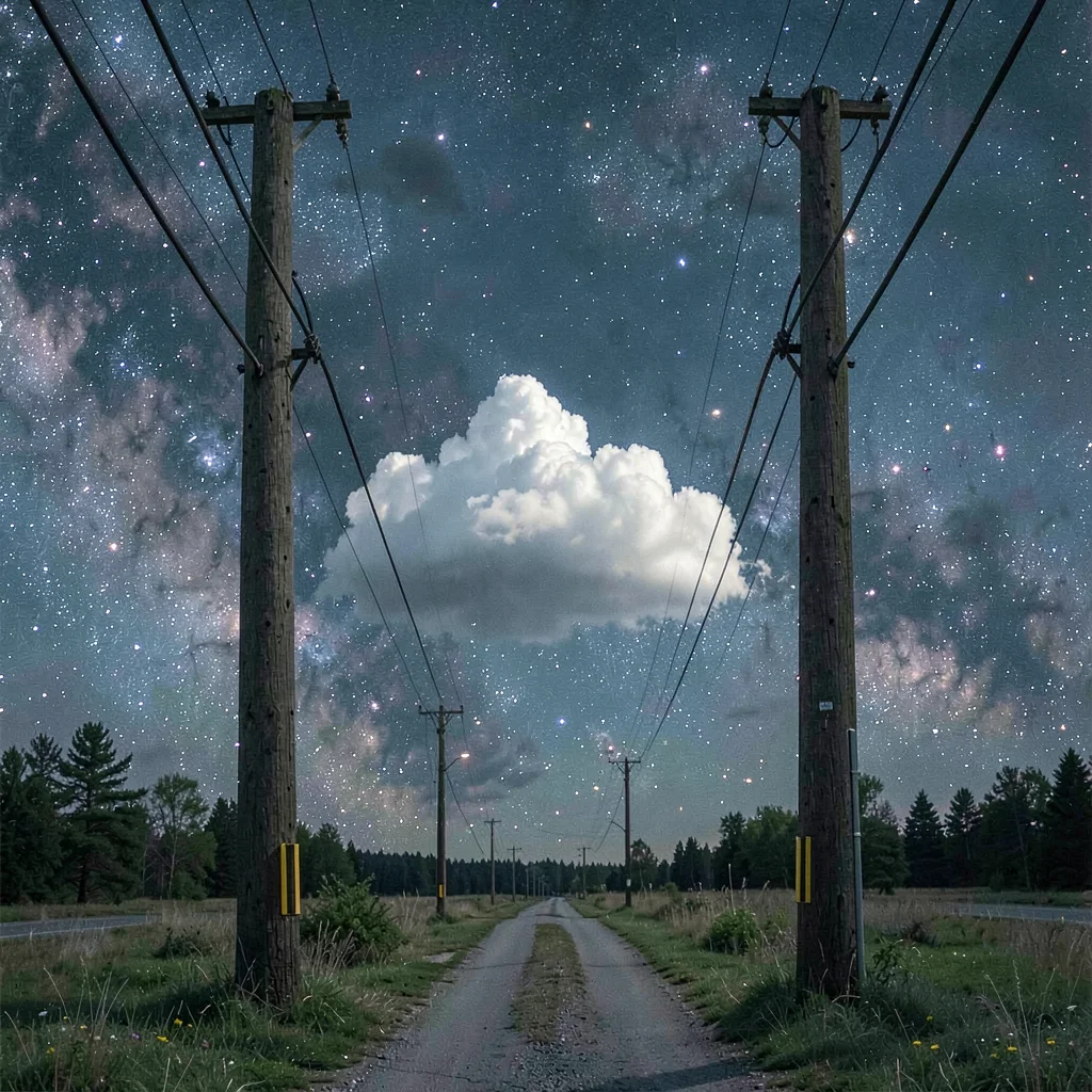 Two telephone poles framing a single cloud, the universe cooperating