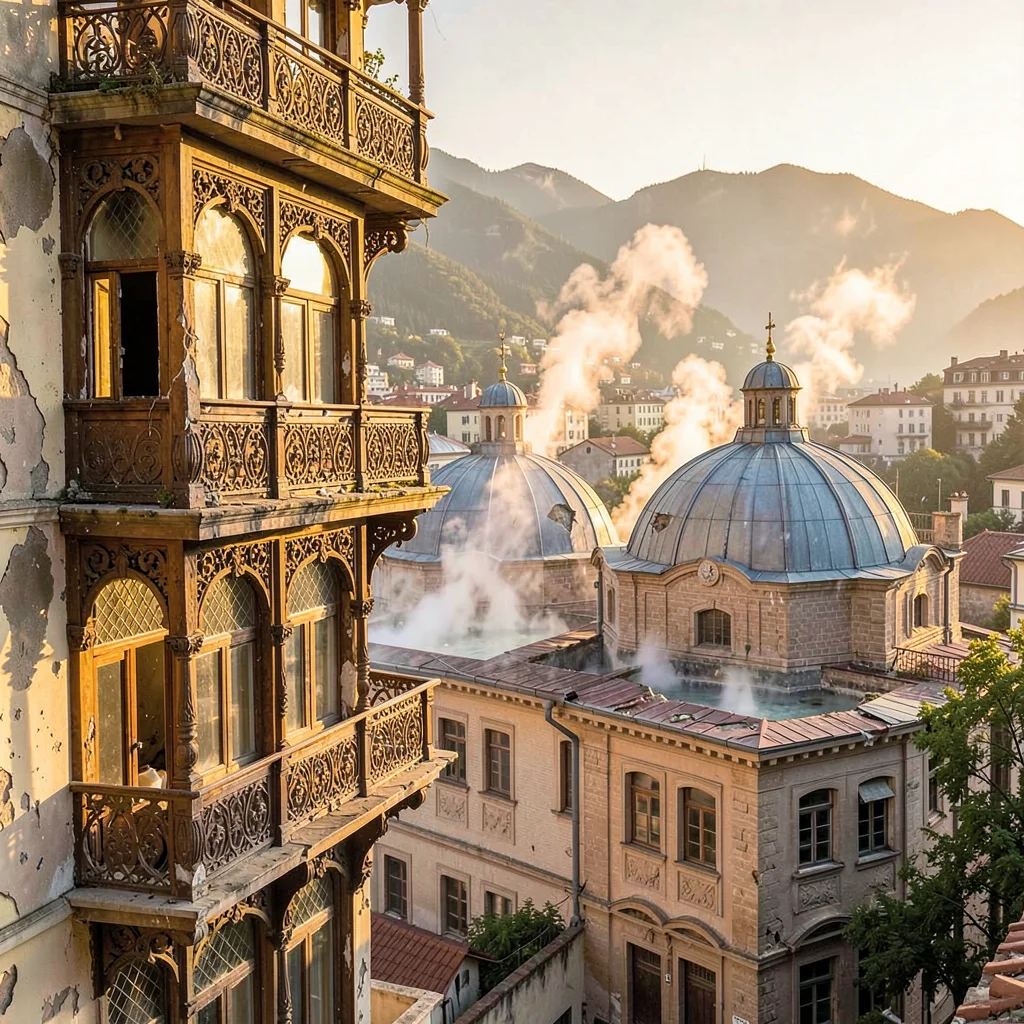 Crumbling Art Nouveau balconies in golden Tbilisi light, sulfur baths district w