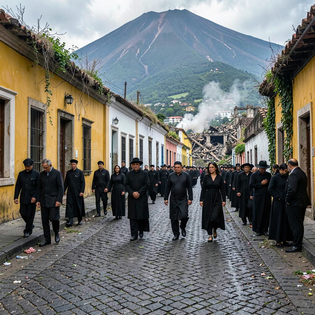 Volcano-framed colonial streets of Antigua Guatemala, A funeral procession passi