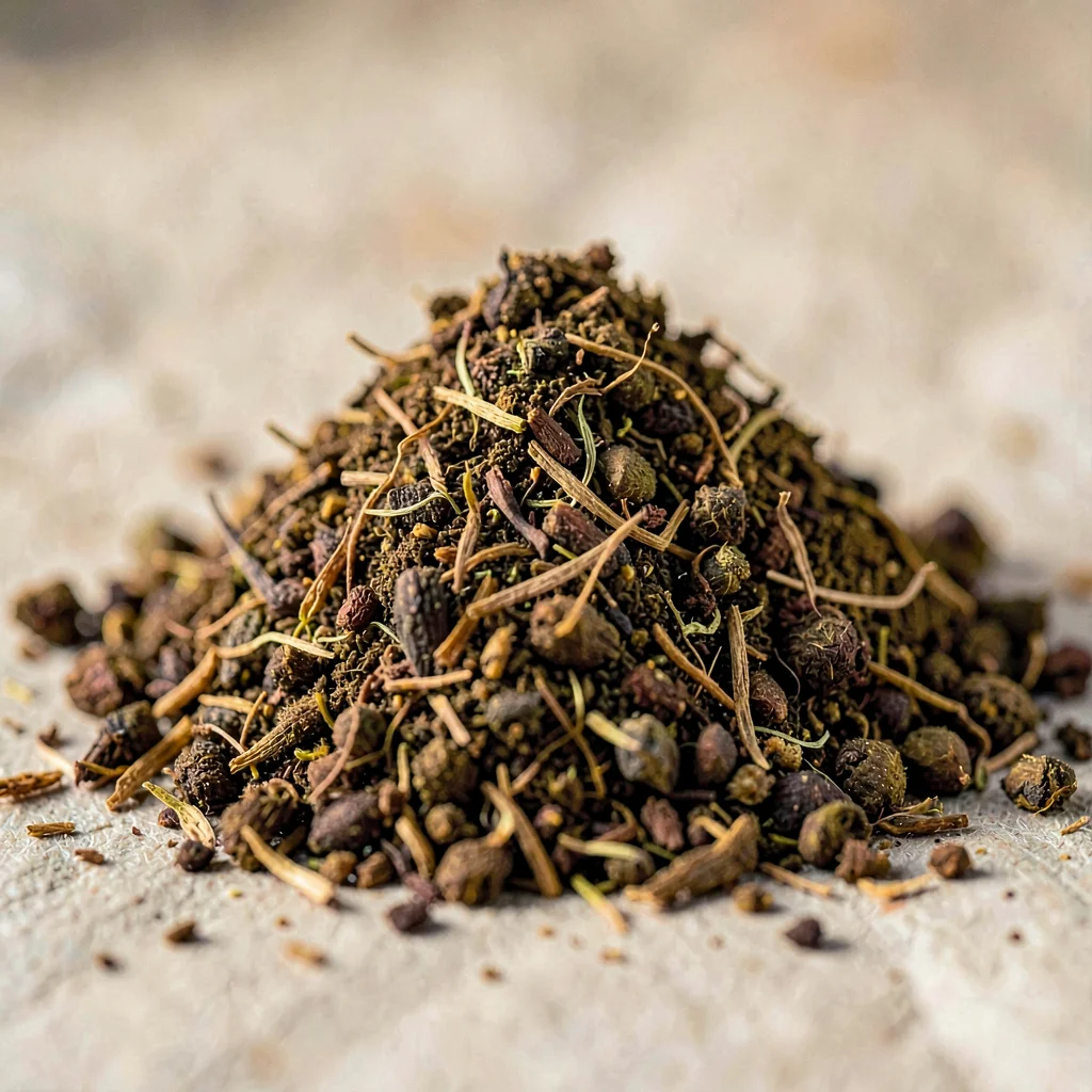 Mineral-cut macro of a tobacco grind pile, hard top light
